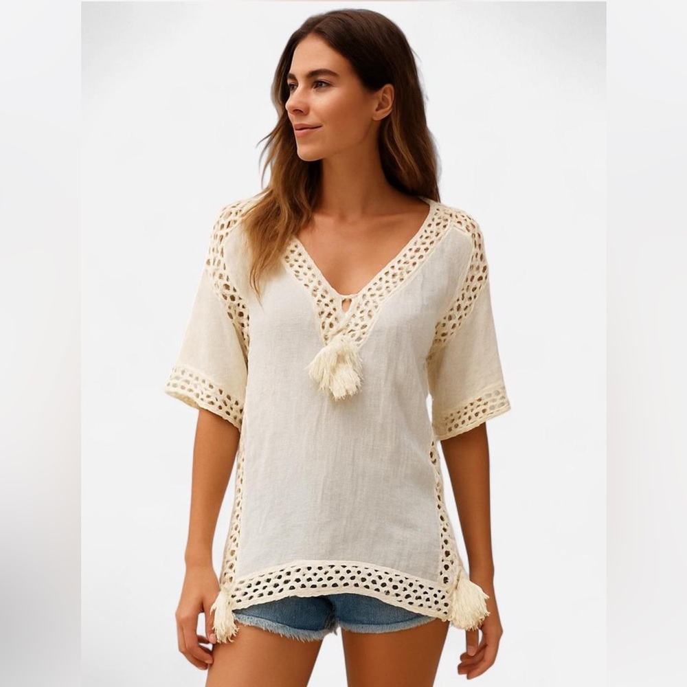 White Crochet Trim Tunic Top Boho Coastal Chic Resort Wear Beach Cover Up